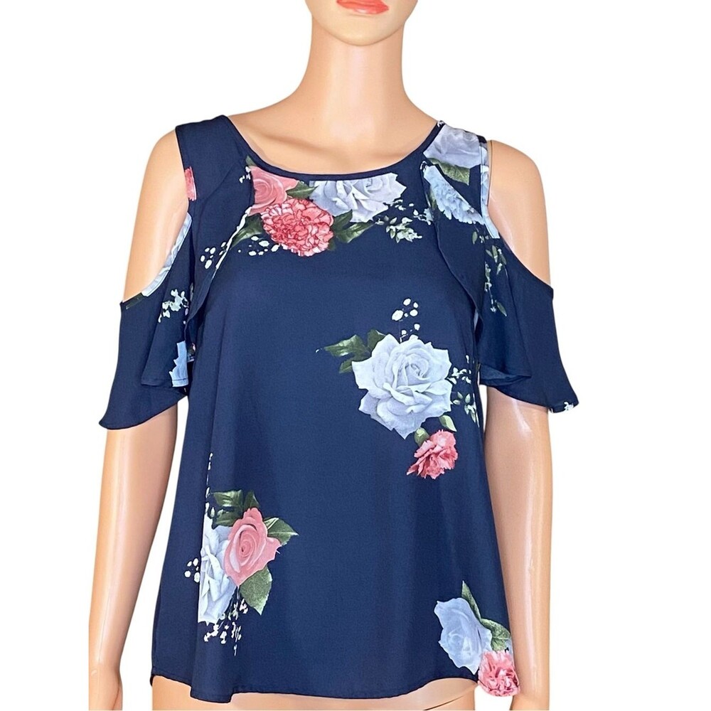 Live 4 Truth Navy Sleeveless Top Pink White Rose Print Soft Ruffle Detail SZ L